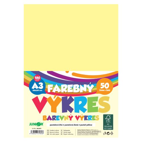 Farebný výkres A3 180g/m2, bal/50 ks - pastelová žltá