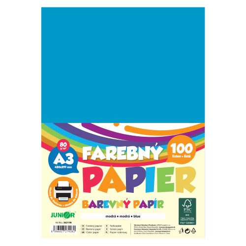 Barevný papír A3 80 g/m2, balení po 100 ks – modrý