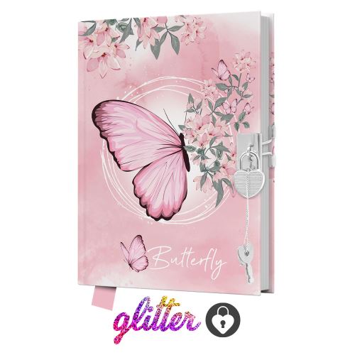 Památník JUNIOR 14x18 cm, 80 list. čistý se zámkem Butterfly - motýl