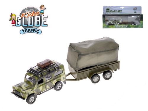 Kids Globe Traffic Land Rover Defender Military 14,5cm kov zpětný chod s přívěsem  v krabi