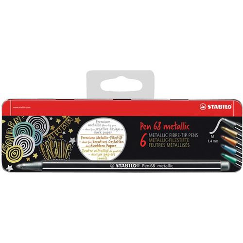 Fixy metalické vláknové STABILO Pen 68 metallic, sada 6 ks, kovové balení závěsné