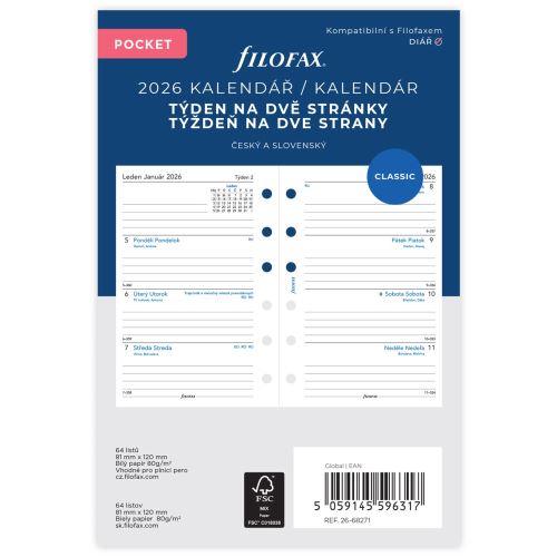 Kalendár 2026 Filofax vreckový, týždeň /2 strany ČJ+SJ /linajkový