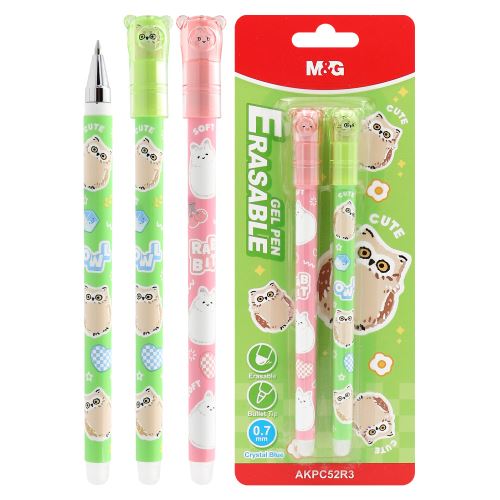 Pero gelové /gumovací M&G iErase Soft Animals - Sova (0,7 mm) sada 2 ks - modrá náplň