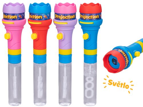 Bublifuk projektor 20,5cm na baterie se světlem 8obrázků 4barvy 12ks v PDQ
