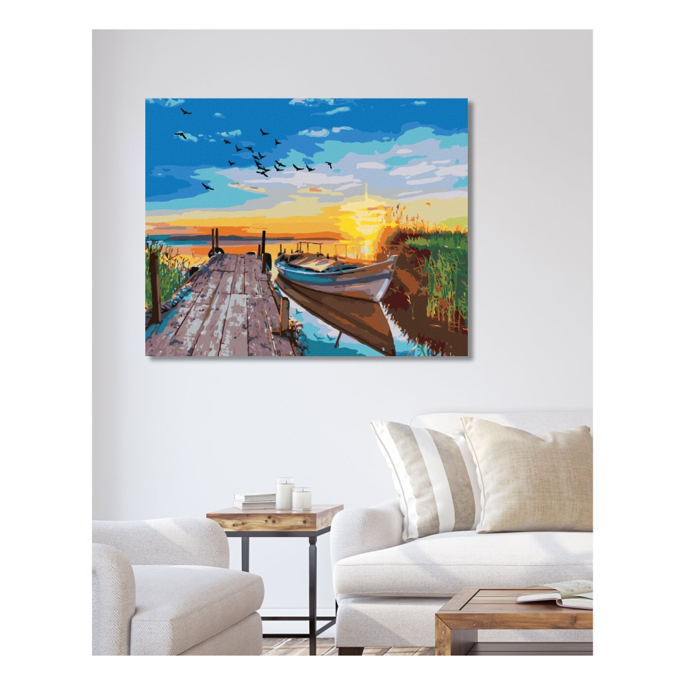 zuty Diamantové malování (s rámem) - Západ slunce nad jezerem s loďkou