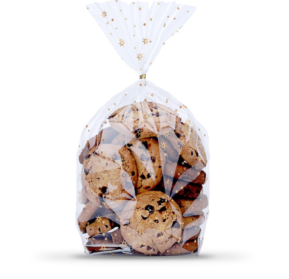 Vrecko číre (OPP) s krížovým dnom Hviezdy zlaté 14,5 x 23,5 + 6 cm [100 ks]