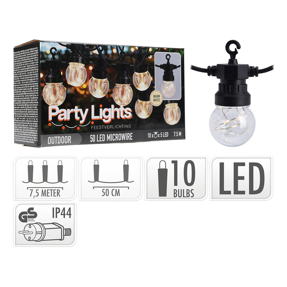 KOOPMAN Párty osvětlení - řetěz 10 LED žárovek, teplá bílá, délka 7,5 m
