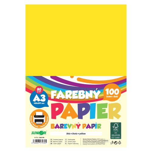 Farebný papier A3 80g/m2, bal/100 ks - žltá