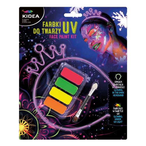UV farby na tvár Kidea + čelenka svietiaca v tme