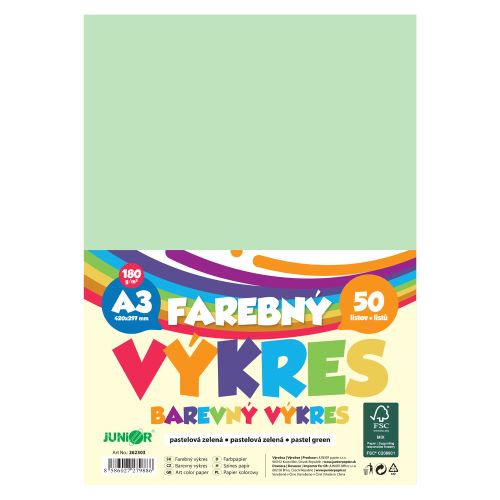 Barevný papír formátu A3, gramáž 180 g/m2, balení po 50 ks – pastelově zelený