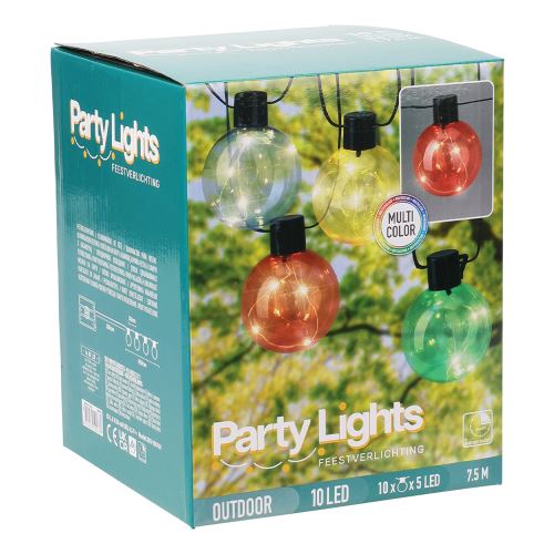 Párty osvetlenie - reťaz 10 LED žiaroviek, farebné, dĺžka 7,5 m