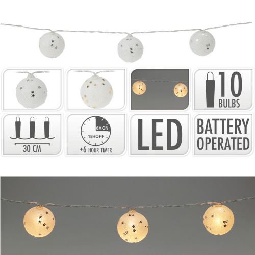 Svetelná reťaz 10 LED biela teplá, lampičky 5 cm, glitrované s hviezdičkami