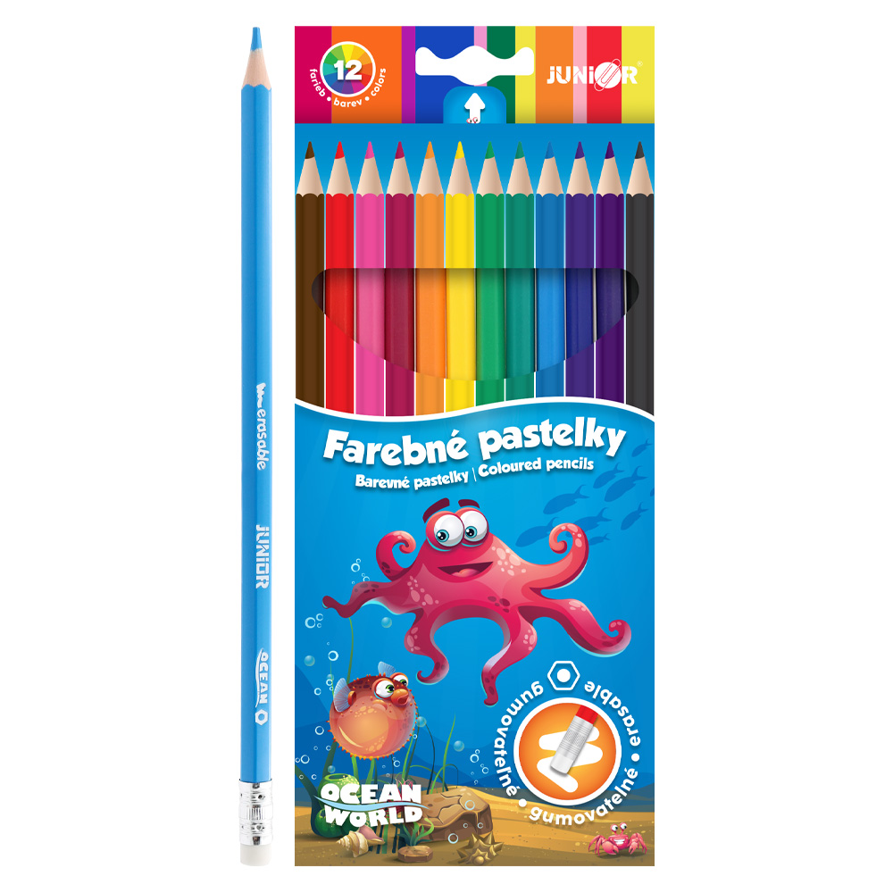 Pastelky JUNIOR Ocean World šestihranné/gumovatelné - sada 12 ks