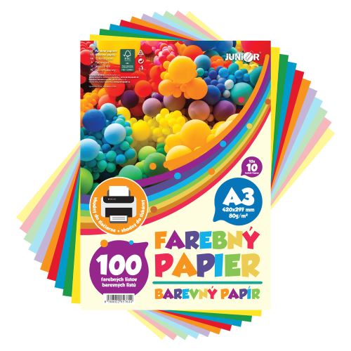 Barevný papír A3 80 g/m2 – sada 100 ks (10 × 10 barev)