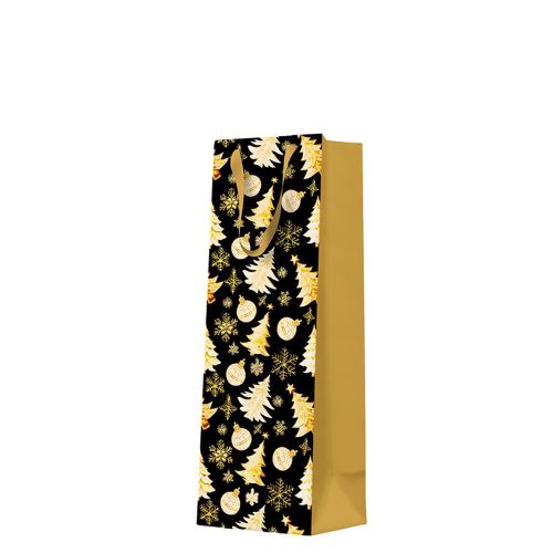Dárková taška na láhev - Golden christmas trees black 12x10x37 cm