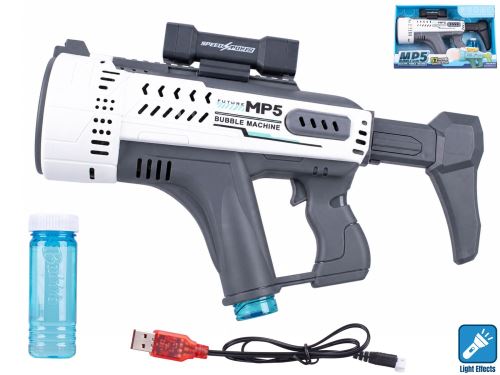 Bublifukovač pistole MP5 44cm na baterie se světlem bílý v krabičce