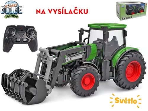 Kids Globe R/C traktor zelený 27cm s předním nakladačem na baterie se světlem 2,4GHz v kra
