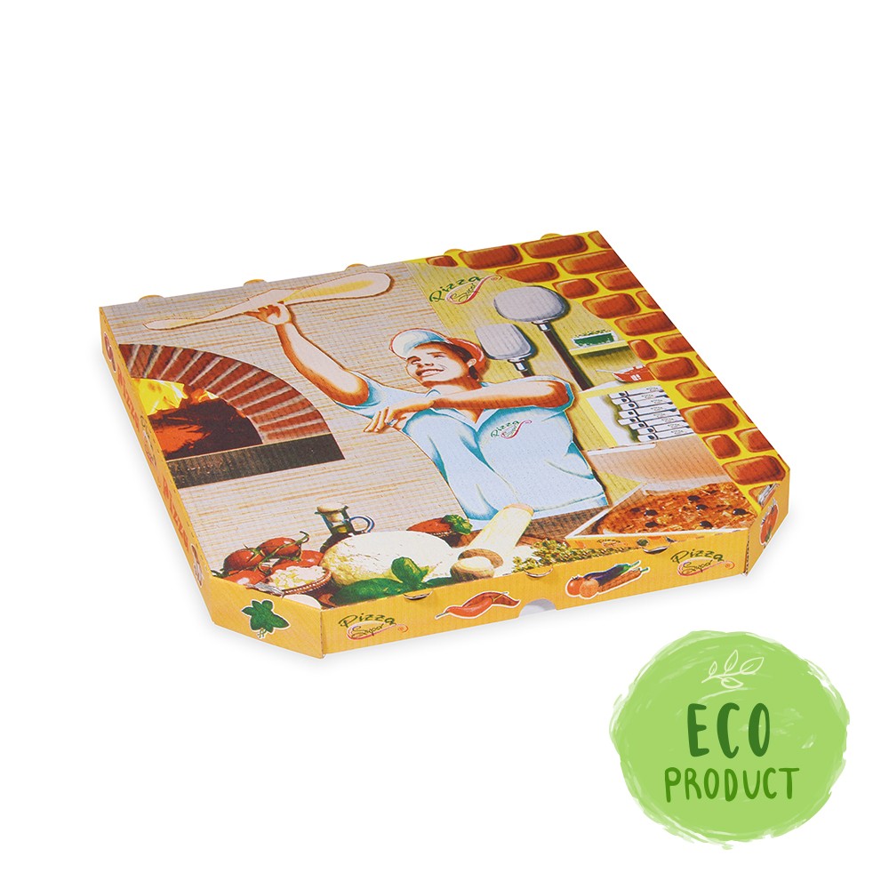 Krabica na pizzu (mikrovlnitá lepenka) E6 biela s potlačou 32 x 32 x 3 cm [100 ks]