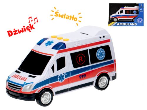 Auto ambulance polský design 18cm na setrvačník na baterie se světlem a zvukem v krabičce