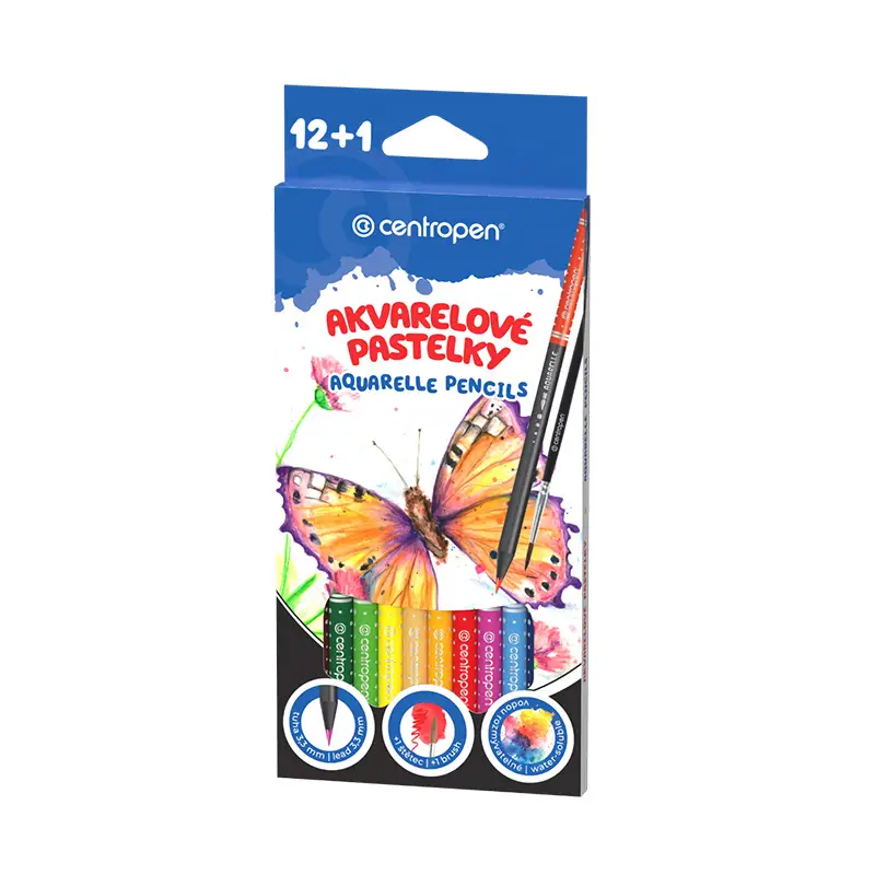 CENTROPEN Akvarelové pastelky CENTROPEN 9523/12+1 + štětec, kulaté, průměr tuhy 3,3 mm
