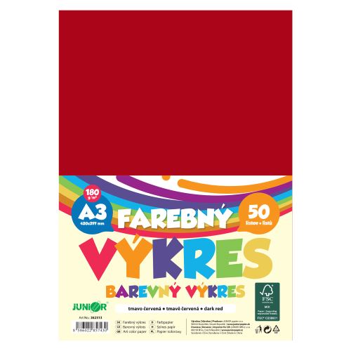 Barevný papír formátu A3, gramáž 180 g/m2, balení po 50 ks – tmavě červený