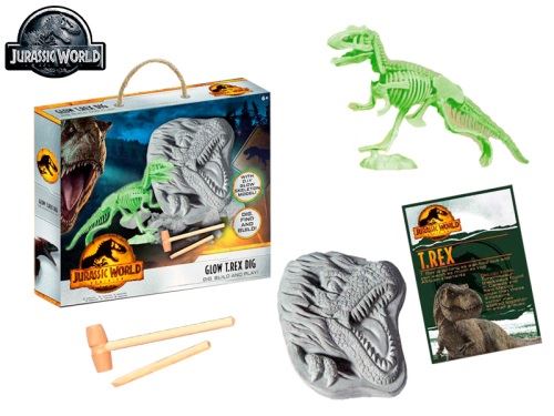 Jurský svět sada vytesej si kostru dinosaura T-Rex svítící ve tmě s doplňky v krabičce