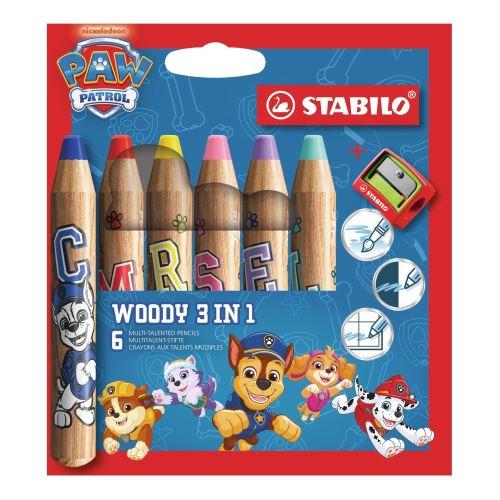 Multifunkčná farbička STABILO woody 3v1 PAW Patrol -  6 ks sada so strúhadlom
