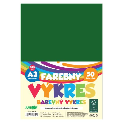 Barevný papír formátu A3, gramáž 180 g/m2, balení po 50 ks – tmavě zelený