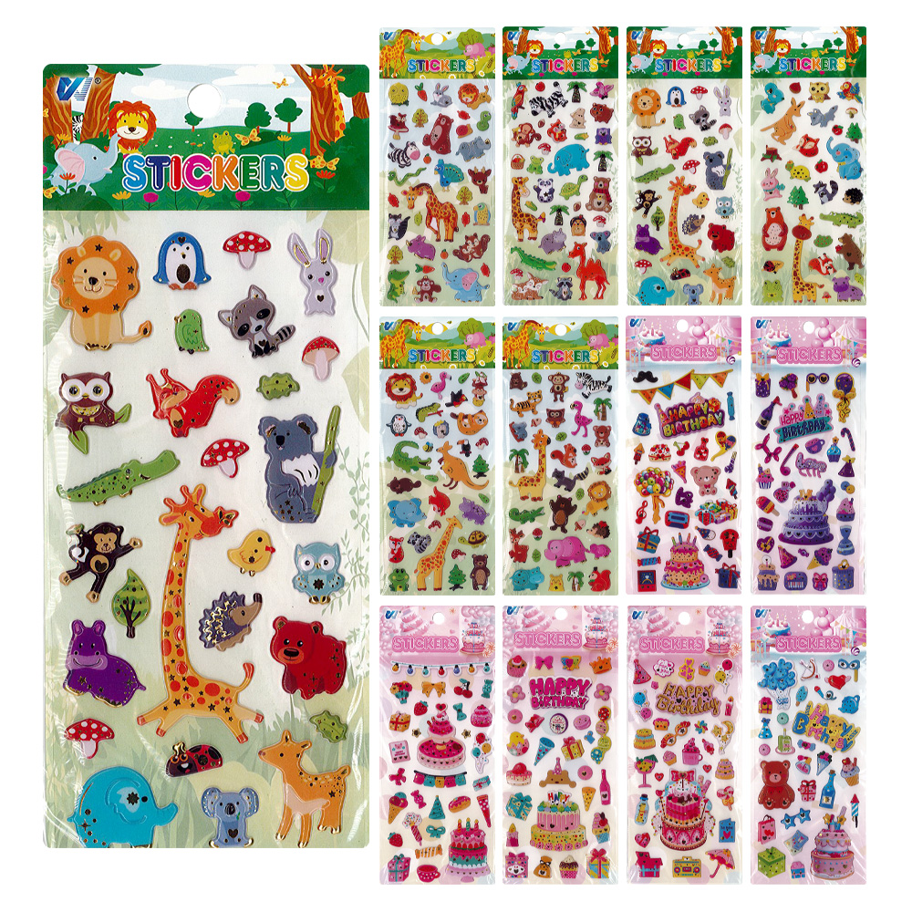 Samolepky pěnové 3D na blistru (mix designů zvířátka, Happy Birthday)