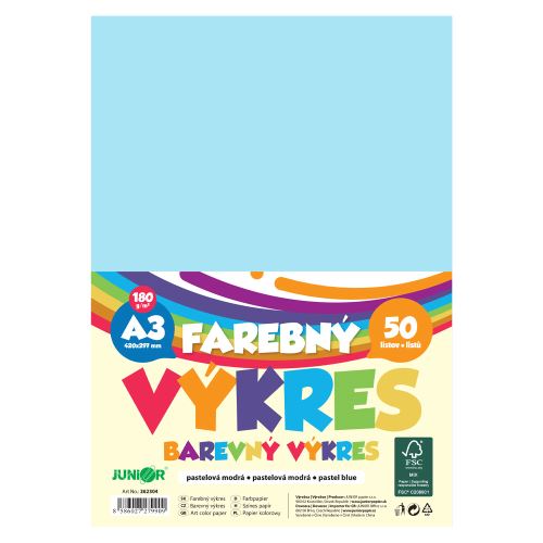 Barevný papír formátu A3, gramáž 180 g/m2, balení po 50 ks – pastelově modrý