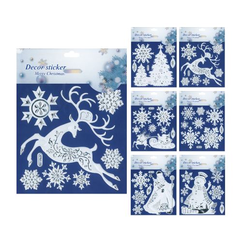 Adhezní nálepky vánoční 18,5 x 23,5 cm - bílé se stříbrnými prvky (mix /cena 1 bal.)