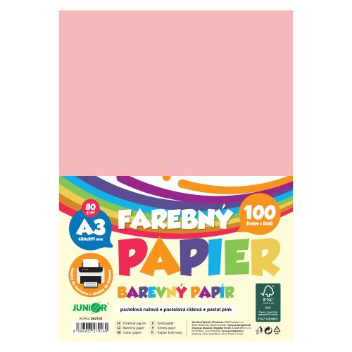 Farebný papier A3 80g/m2, bal/100 ks - pastelová ružová