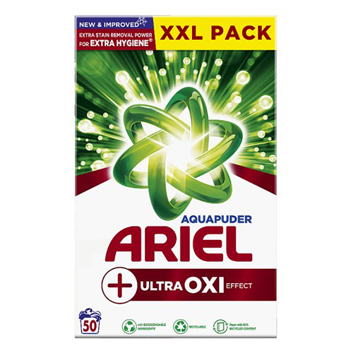 Ariel Aquapuder Ultra Oxi Effect prací prášek na bílé, barevné a černé prádlo 50 dávek 3,2