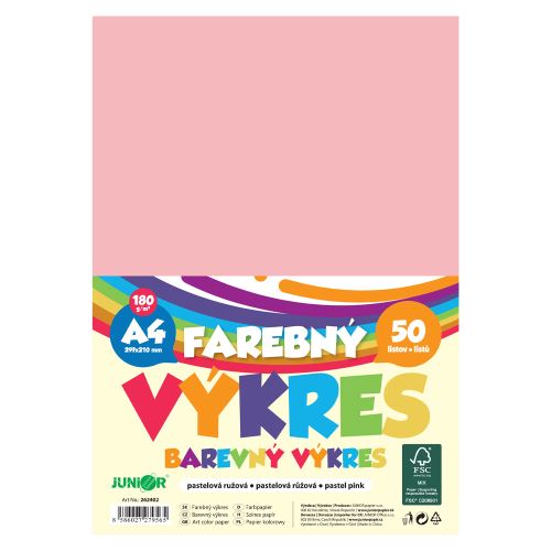 Barevný papír formátu A4, gramáž 180 g/m2, balení po 50 ks – pastelově růžový