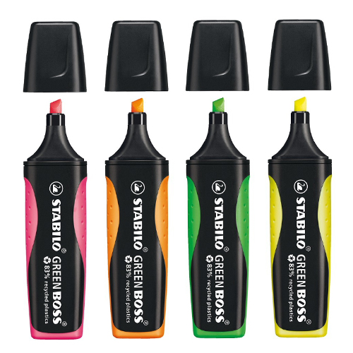 Zvýrazňovač ekologický STABILO GREEN BOSS, sada 4 ks - zelená, růžová, oranžová, žlutá