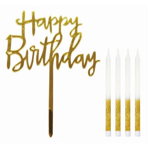 Sviečka tortová, trblietavá 9,5 cm (4 ks) + zlatá ozdoba „Happy Birthday“
