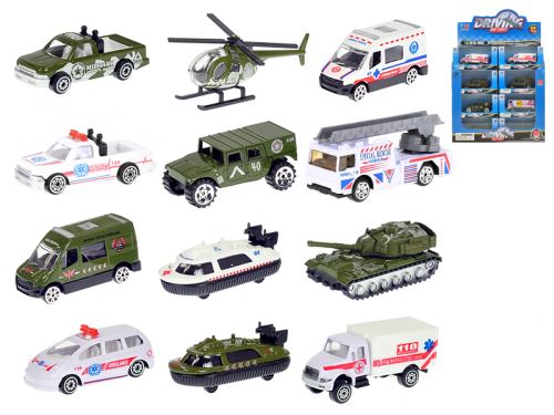 Vozidla vojenská/ambulance 7-8cm kov 1:64 volný chod 12druhů v krabičce 24ks v DBX