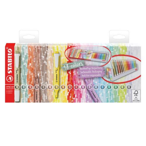 Zvýrazňovač - STABILO swing cool - 18 ks deskset - 8 prírodných & 10 pastelových farieb
