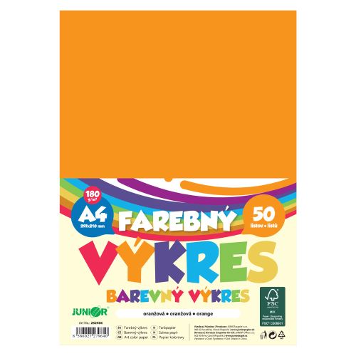 Barevný papír formátu A4, gramáž 180 g/m2, balení po 50 ks – oranžový
