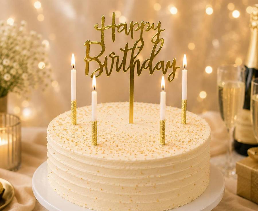 GoDan S.A. Svíčka dortová, třpytivá 9,5 cm (4 ks) + zlatá ozdoba „Happy Birthday“