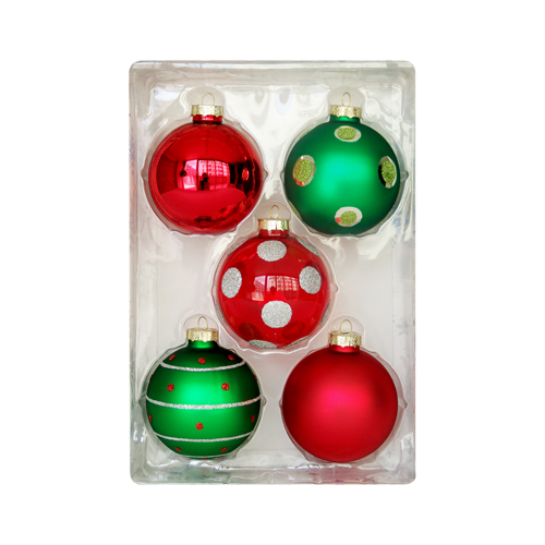 Vánoční koule - skleněné 67mm / červeno zelené, sada 5ks