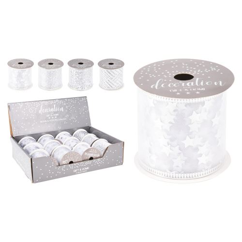 Dekorační stuha, organza 63x2700 mm - bílá / stříbrná, mix/1ks