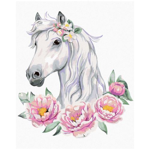 Diamantové maľovanie - Biely kôň s pivoňkami