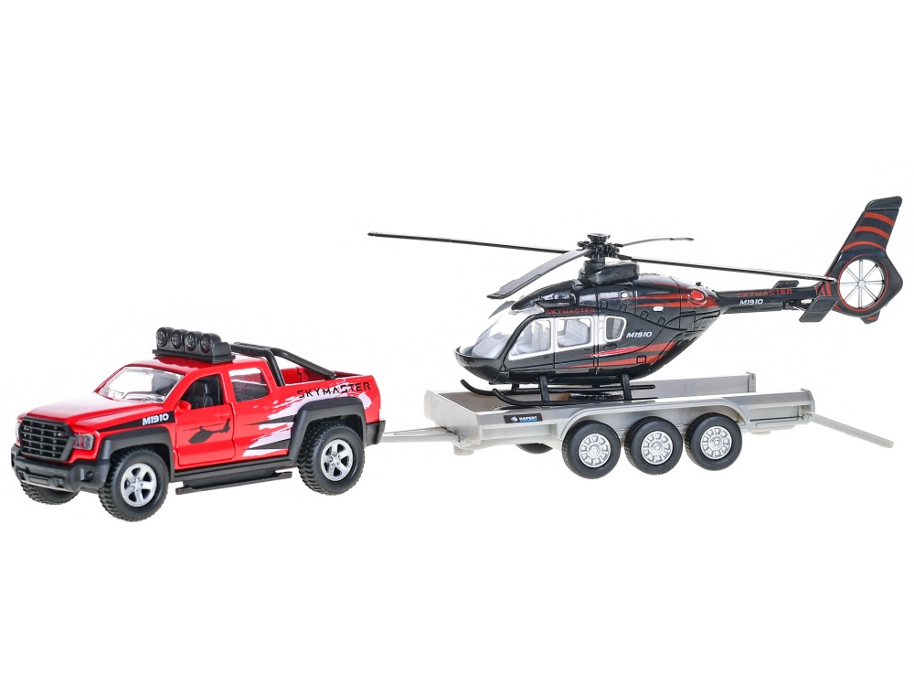  Kids Globe Traffic auto terénní 13cm kov na zpětný chod s přívěsem + helikoptéra 20cm v kr