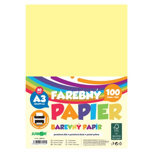 Barevný papír A3 80 g/m2, balení po 100 ks – pastelově žlutý