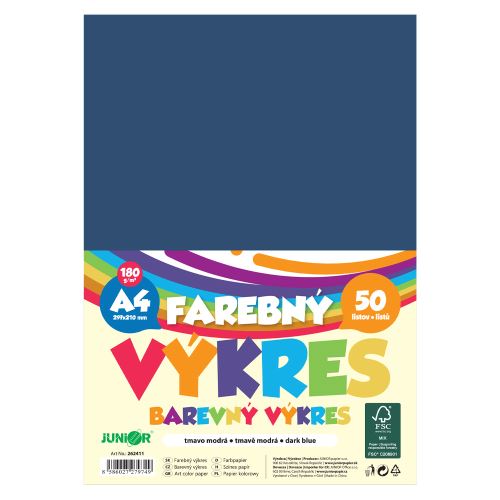 Barevný papír formátu A4, gramáž 180 g/m2, balení po 50 ks – tmavě modrý