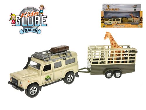 Kids Globe Traffic Land Rover Defender 14cm kov na zpětný chod s přívěsem 14cm a žirafou v
