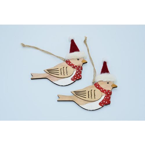 Dekorácia závesná - Vianočný vtáčik drevený 12 cm, sada 2 ks