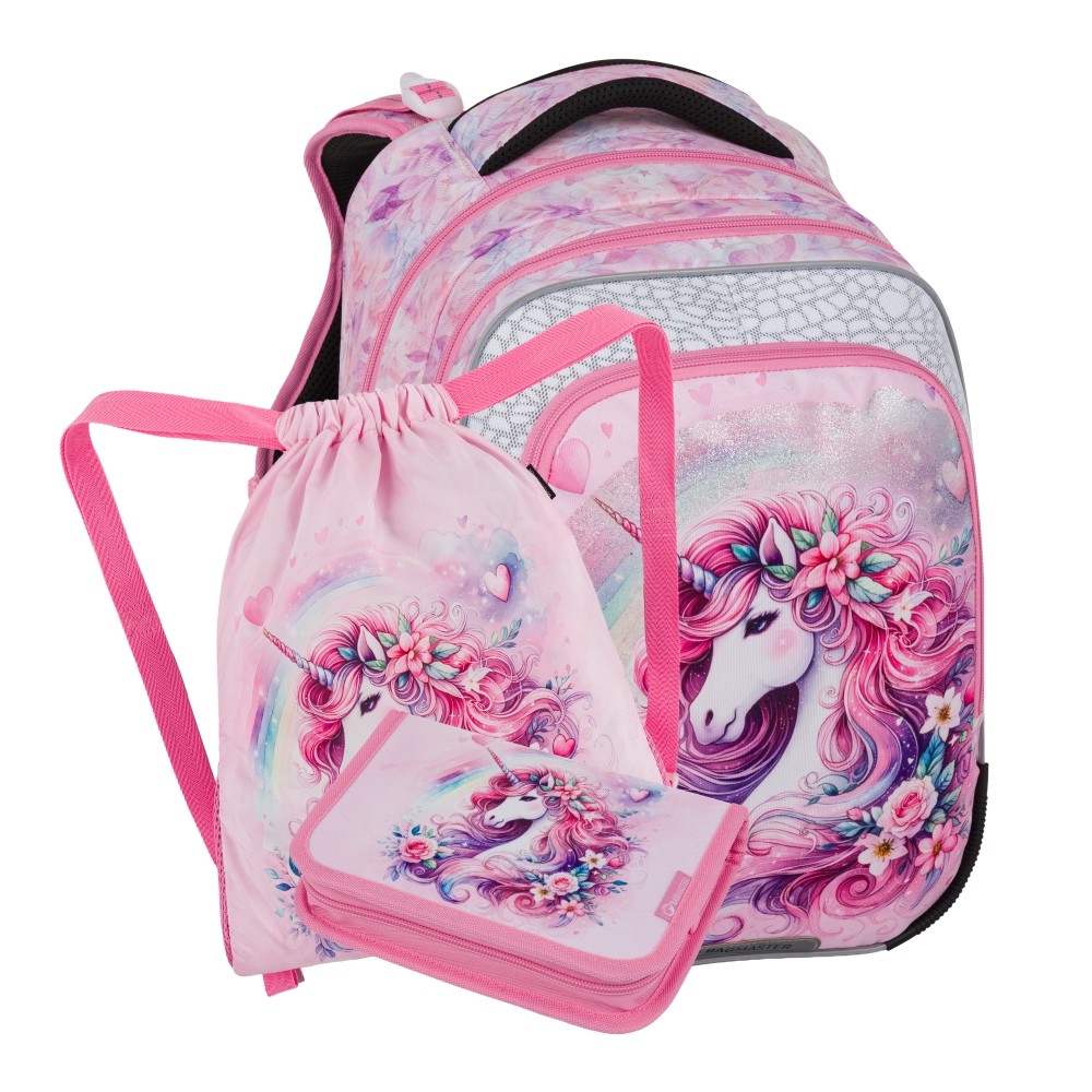 Sada školní batoh BagMaster Beta 26 A + Penál + Kapsa - Jednorožec