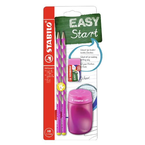 Školní set pro leváky - tužka STABILO EASYgraph S v růžové barvě + gumy a struhadla